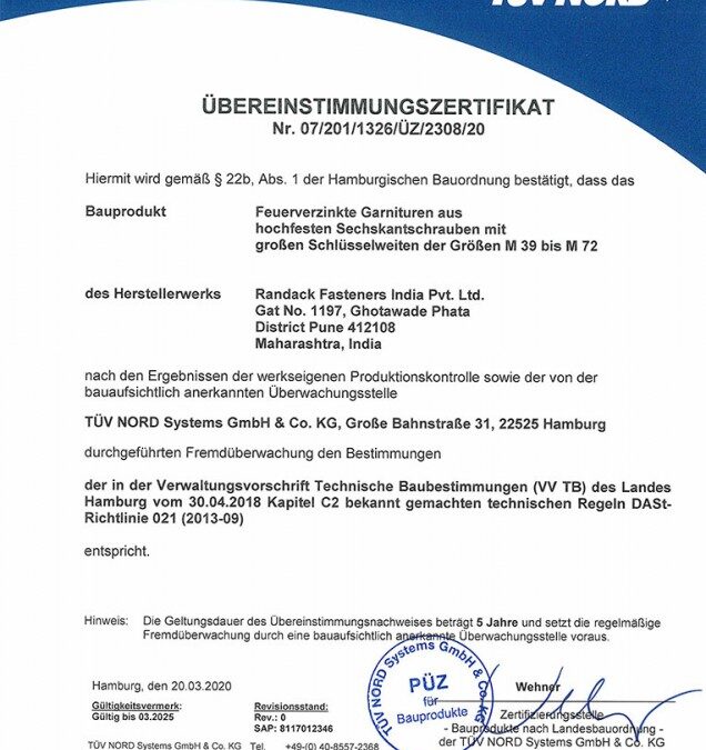 Ü-Zeichen Zulassung gem. DaSt021 für Randack Fasteners India